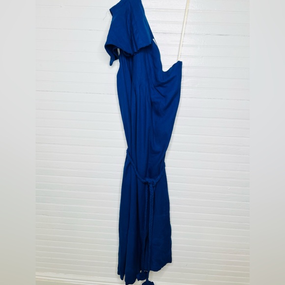 Farm Rio Women's One-Shoulder Leaf Blue Midi Maxi Lenzing Dress M Belted Waist - Picture 2 of 10